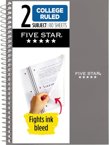 Image of Five Star Spiral Notebook, 2 Subject, College Ruled, 9 1 /2 inch x 6 inch 80 Sheets, Gray (840029AA3-ECM) (Pack of 12)