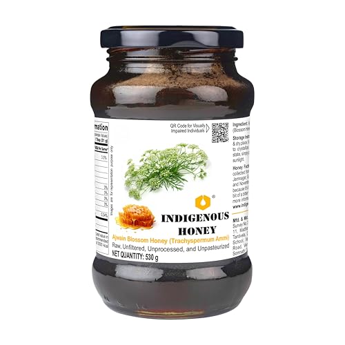 Image of INDIGENOUS HONEY Ajwain Carom Honey Raw Natural Pure Unprocessed NMR Tested Unpasteurized Unheated 530g Glass Jar Pack of 1