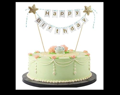 Image of Happy Birthday Cake Topper Birthday Decorations Items White with Golden Alphabet Cardstock Banner With Ribbon For Kids(Pack of 1, White)