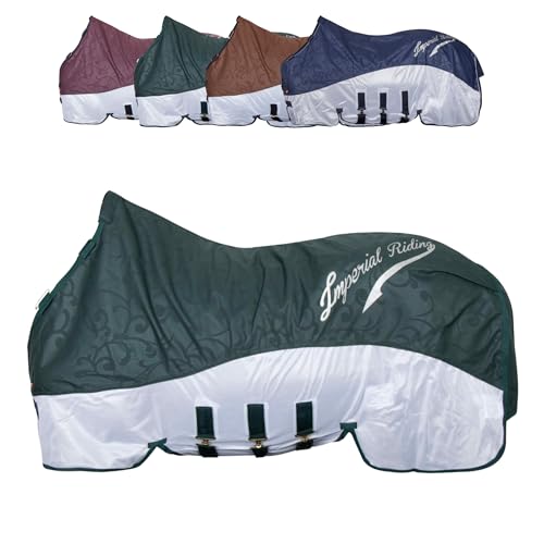 RL24 - Regen- & Fliegendecke 600D IRHSuper-Dry von Imperial Riding – Pferdedecke mit Mesh, Bauchklappe & Schweifklappe – atmungsaktive Regendecke für Pferde in Forest Green – Größe 145cm
