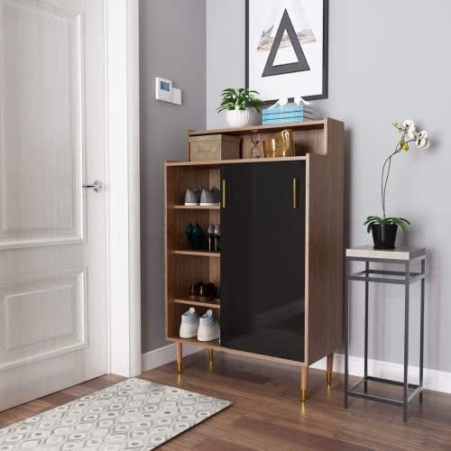 Shoe Cabinet, 4-Tier Freestanding Shoe Rack Storage Organizer With Sliding Doors & Wood Legs, Modern Shoe Storage Cabinet With Opening Shelf For Hallway Entryway Living Room Bathroom (Walnut& Black) #TOP7