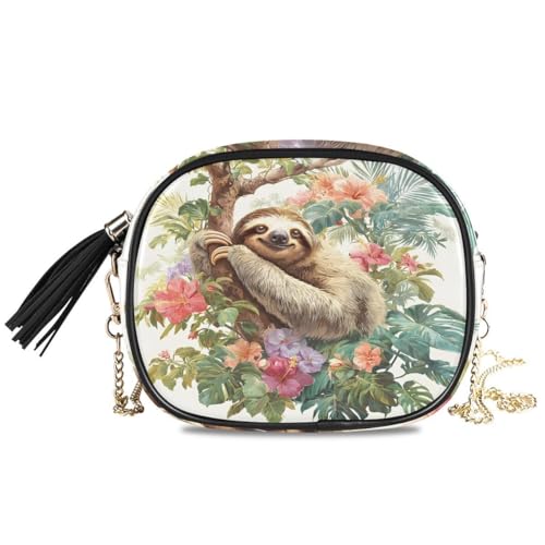 ALAZA Women's Sloth Branch Tropical Plants PU Leather Crossbody Bag Shoulder Purse with Tassel