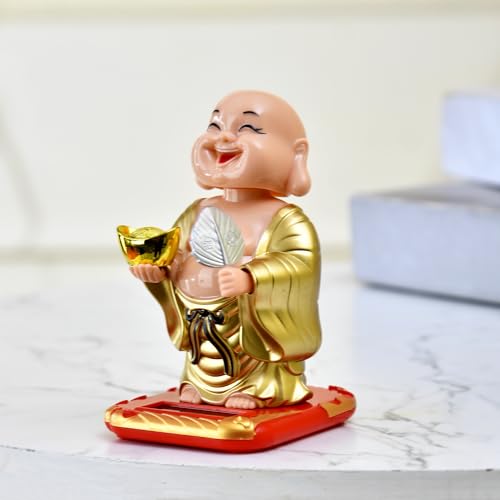 Image of CraftVatika Feng Shui Items for Good Luck, Moving Head Laughing Buddha for Money and Good Luck, Moving Head and Hand Solar Buddha for Car Dashboard Shop Home House, Moving Head Buddha Statue