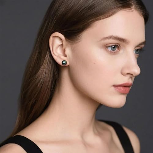 YAMI Saltwater Cultured Black Pearl Earrings, S925 Sterling Silver Earrings Stud White Gold Plated, Hypoallergenic Jewelry Gifts for Women and Men 6.0-10MM2