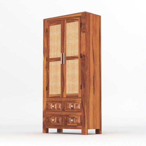 Image of PS DECOR Solid Sheesham Wood Bookshelf Cabinet with Cane Rattan Doors & 4 Drawers | Wooden Book Storage Unit for Home Library, Living Room & Office | Double Door Bookcase Organizer (Honey Finish)