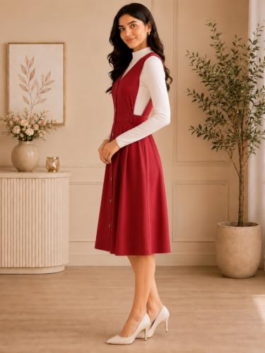 Image of WineRed Women Soild Pinafore Dress with Button