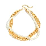 Gargantilla de perlas de cadena cubana punk gruesa para mujer, collar de perlas en capas exageradas, collar Y2k trenzado de múltiples perlas, joyería gótica, Big, Metal, Sin piedra preciosa