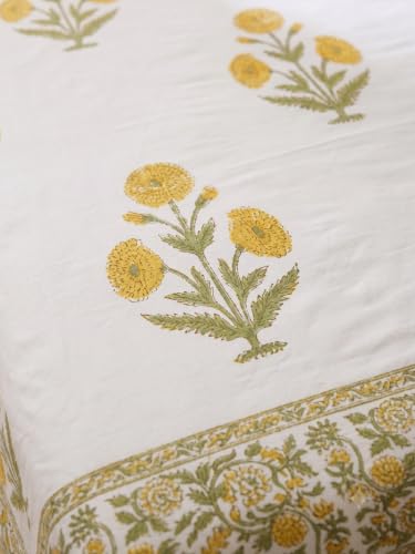 Image of Premium Bedsheet with 2 Pillow Covers I Hand Block I Pure & Soft Cotton I 300 TC I 90x108 inches (King Size Double Bed Bedcover) I Floral Pattern I Yellow