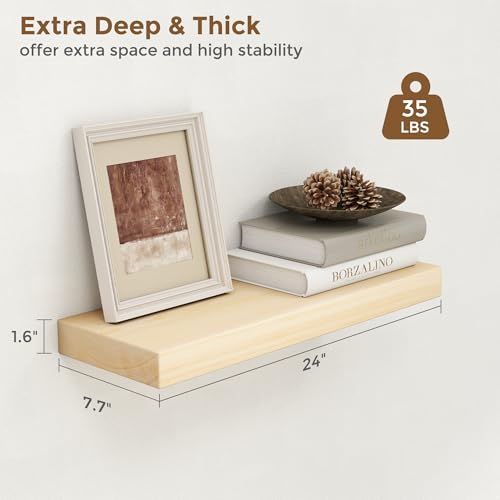 Image of Marsmiles Natural Floating Shelves for Wall - 24 Inch Unfinished Wooden Floating Shelves Set of 2-24 Inch Wide x 7.7 Inch Deep x 1.6 Inch Thick Natural Wood Shelves for Room Wall