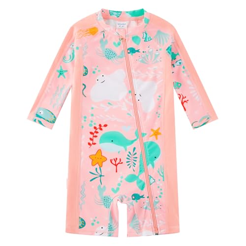Baby Girl Swimsuit Toddler Girl Swimwear with Full Zipper UPF 50+ Sun Protection Long Sleeve Baby Girl One Piece Bathing Suit (Pink Whale 9-12 Months)