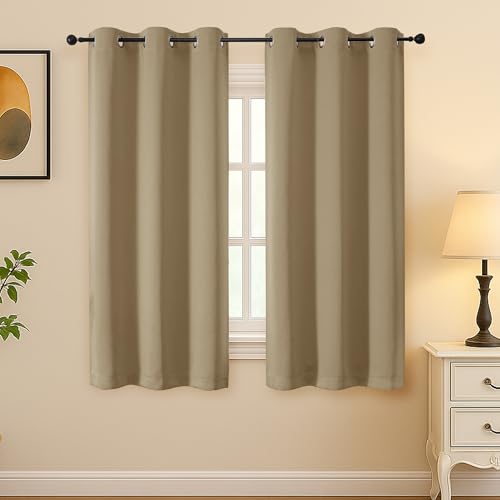 Image of Simplebrand Taupe Room Darkening Curtains for Bedroom 63 Inch Length 2 Panels Set, Thermal Insulated Energy Saving Curtains for Kids Room, Grommet Solid Nursery Window Treatment Drapes, W40 x L63