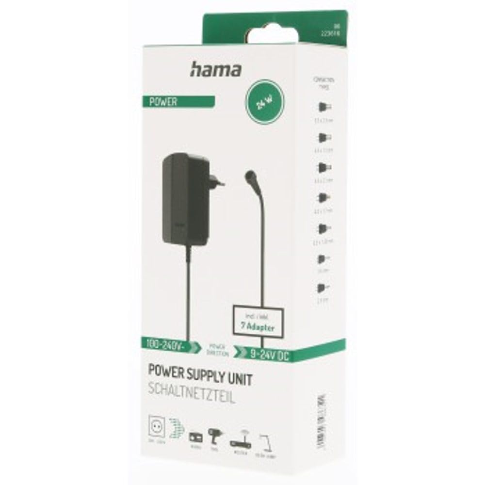 Hama Alimentation Universelle Réglable 9V-24V Chargeur Secteur 1500 mA, 24W (7 Connecteurs CC Amovible Interchangeable – Adaptateur Polyvalent Tablette Enceinte Appareil Électronique) Noir