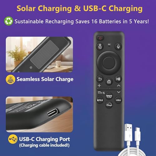 Image of Rechargeable Voice Remote for Samsung Smart TVs, Replacement for 2019-2026 Samsung TV Remote Control with Solar Charging and Voice Search. 2-Year Warranty.