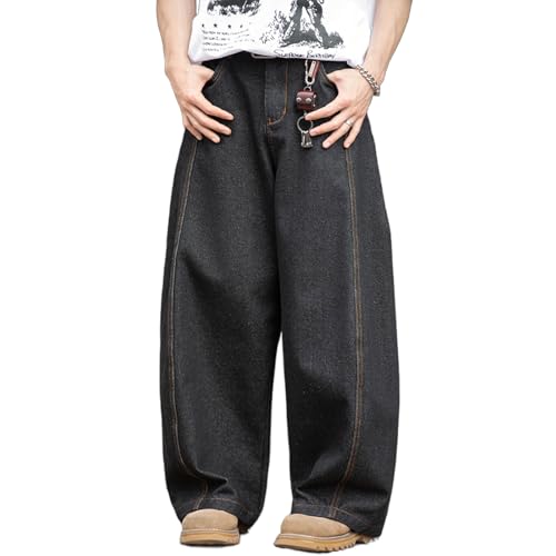 Baggy Barrel Jeans for Men Boys Y2K Elastic Waist Pull On Denim Pants Casual Wide Leg Raw Jeans Streetwear