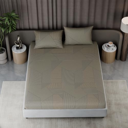 Image of BLISSHOME Everlast 150TC King Size Fitted Bedsheet with 2 Pillow Covers, Aesthetic Bedding, Wrinkle Resistant, 100+ Wash Durable, Quick Dry, Geometric Pattern - Beige (183cm x 198cm + 25cm Drop)