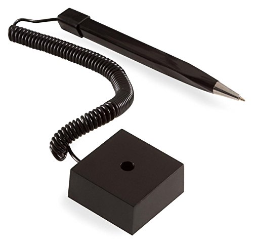 Set of 50, Counter Pens with Base for Reception Area, Telephone-Style Plastic Coil, Wedge-Shaped - Black
