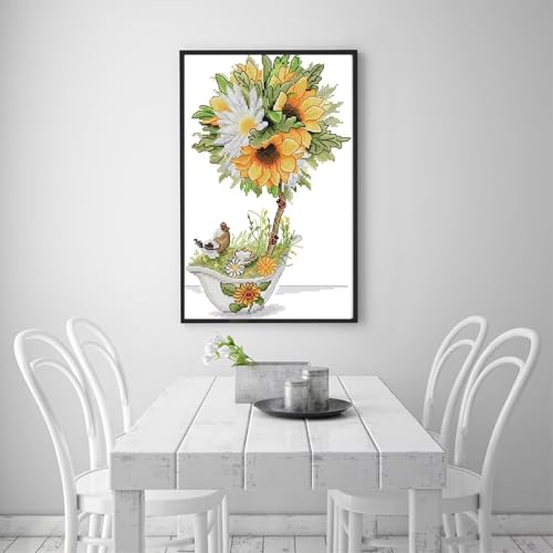 Image of Stamped Cross Stitch Kits Full Range of DIY Needlepoint for Adult Beginners Pattern, for Gift and Home Decor 14CT 2 Strands Yellow Flowering Sunflower,8.3x13.4 inch