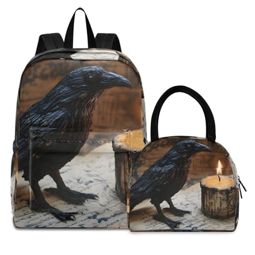 Backpack Lunch Box Set Large Capacity Travel Backpacks and Insulated Lunch Bag for Commute Hiking Picnic Gothic Crow Candle Print