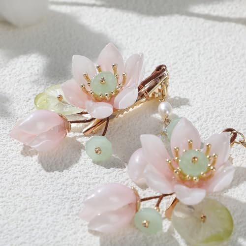 SHIYANG Handmade Pink Lotus Hair Clips, Floral Hair Decoration for Hanfu, Chinese and Korean Fashion