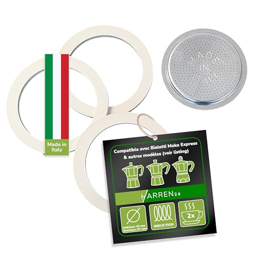 Harren24 Filtre et 3 joints compatible avec cafetière à expresso italienne pour 2 tasses, diamètre extérieur 57 mm, 5,7 cm, Ø intérieur 43 mm, 4,3 cm, joint d'étanchéité de rechange joint d'étanchéité