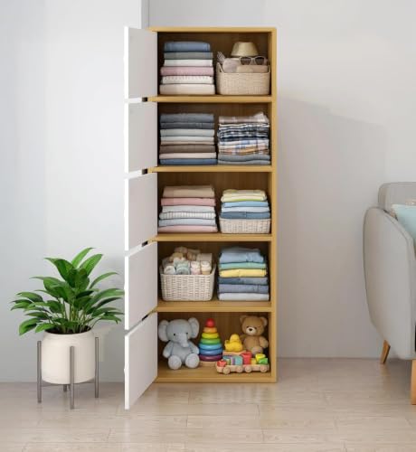 Image of Mevigo Foldable Wooden Wardrobe for Bedroom | 5-Shelf Engineered Wood Storage Cabinet | Collapsible Cupboard Almirah for Clothes | Space Saving Wooden Wardrobe with Door-Mapple