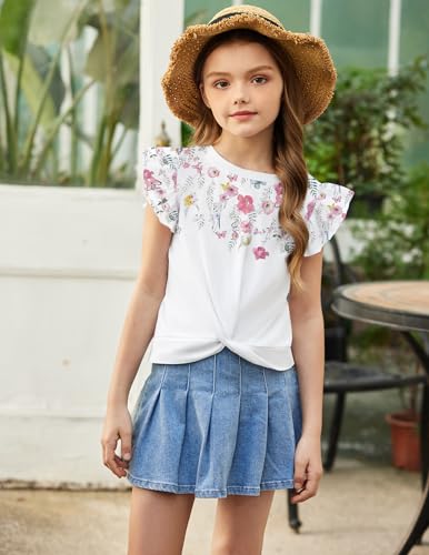Image of Arshiner Girls Shirt - Short-Sleeve Twist Front T-Shirt for Girls with Cute Flying Sleeves - Summer Blouse Tunic Tee Tops