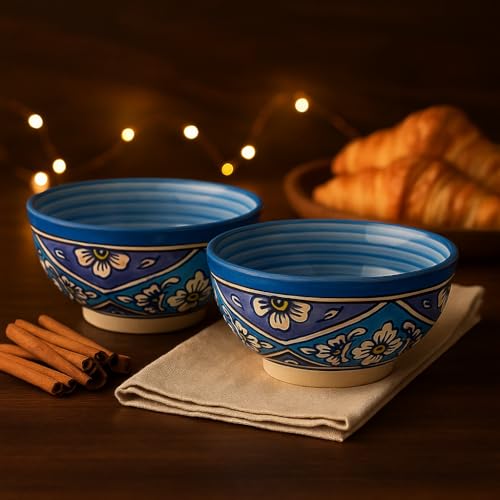 Image of KITTENS Handcrafted Blue Ceramic Snack Bowl Set of 2 - Handpainted Floral Art | Microwave & Dishwasher Safe | 500ml | Ideal for Pasta, Maggi, Cereal, Salad & Daily Use - Made in India