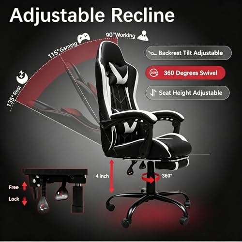 Image of Gaming Chair, Ergonomic Computer Chair with Footrest and Lumbar Support, Height Adjustable Video Game Chair with 360 Swivel Seat and Headrest for Office, Home, Streaming and Gaming (White)