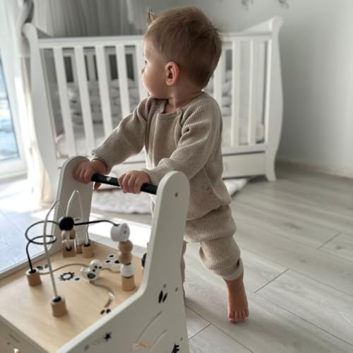 Mamabrum Wooden Baby Walker with Wheels 6-in-1 - Push Along Toy 12+ Months - Baby Activity Centre Walker with Shape Sorter, Bead Mazes, Abacus and Gears and Stacking Blocks - Image 6
