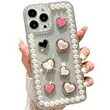 for Motorola MOTO G35 Pearl & Diamond Case, Bling Shiny Glitter Rhinestone & Cute 3D Metal Plating Pink Love Heart Crystal Phone Cover