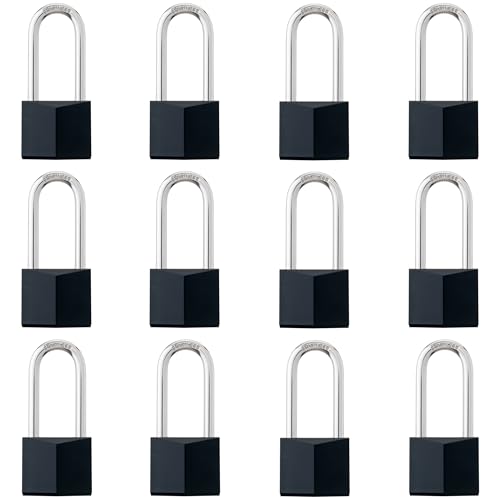 Image of 12-Pack Keyed Alike Locks, Black Covered Brass Keyed Padlock with Stainless Steel Long Shackle, 1-9 /16 Inch Lock Body, Rustproof Locks for Gate Fence Hasp Cabinet Toolbox Gym or School Locker