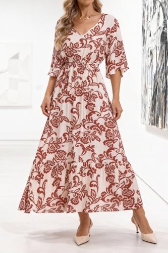 Image of Women's Summer Short Sleeve Maxi Floral Flowy Dresses with Pockets