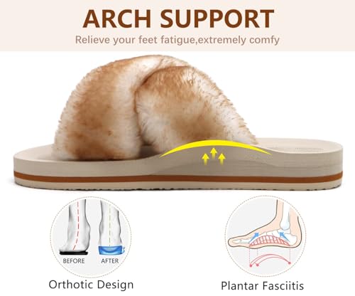 Image of COFACE Womens Fuzzy Slides Fluff Faux Fur Cross Slippers Open Toe Yoga Mat House Slipper Sandals With Arch Support For Indoor /Outdoor