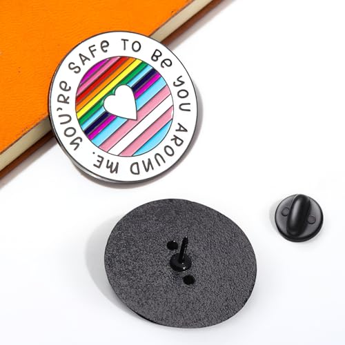 Image of 5Pcs Round Rainbow Brooch - Enamel Pins with Inspirational Quote inchYou're Safe To Be You Around Me inch - LGBTQ Gift, Lapel Brooches for Clothing, Bags, Backpacks, and Hat Accessory