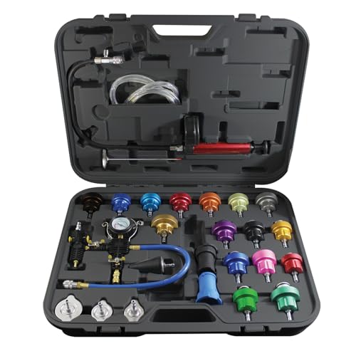 Mastercool 43301-A 27‑Piece Radiator Pressure & Vacuum System Kit – Professional Leak Tester & Coolant Refill Tool with Durable Gauge and 19 Adapter Set (0–35 psi)