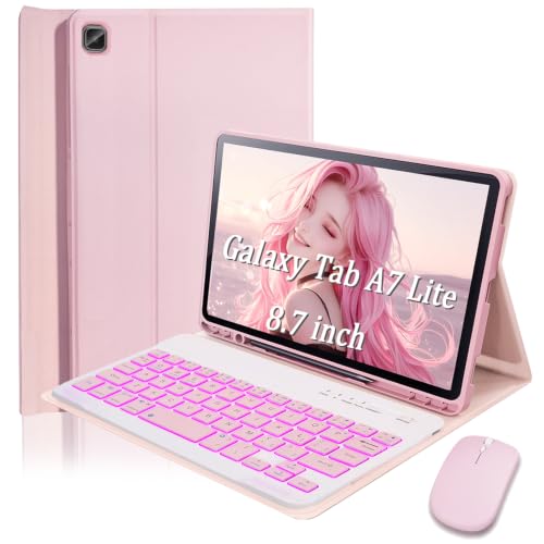 Keyboard Case for Samsung Galaxy Tab A7 Lite 8.7 inch (2021) 7-Color Backlighting Detachable Bluetooth Wireless Keyboard and Mouse Built-in Pen Slot Lightweight and Portable - Pink