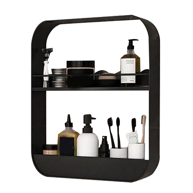 BEIJIALY Shower Shelves Bathroom Caddy Organizer Bathroom Wall Mounted Shelf 2 Layer Carbon Steel Punching Free Shower Floating