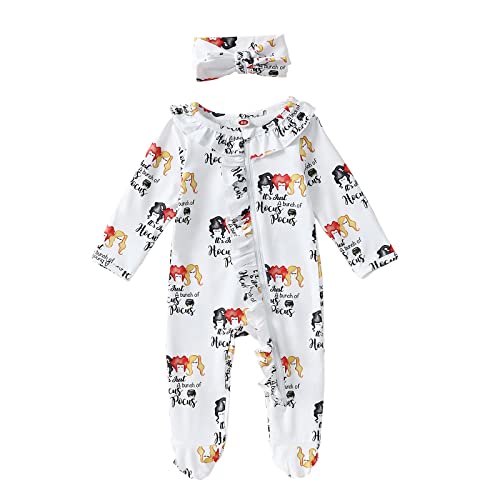 Image of BOUTIKOME Infant Baby Girls Halloween Footies Romper Hocus Pocus Onesie Jumpsuit Newborn Zipper Jumpsuit Headband Outfit
