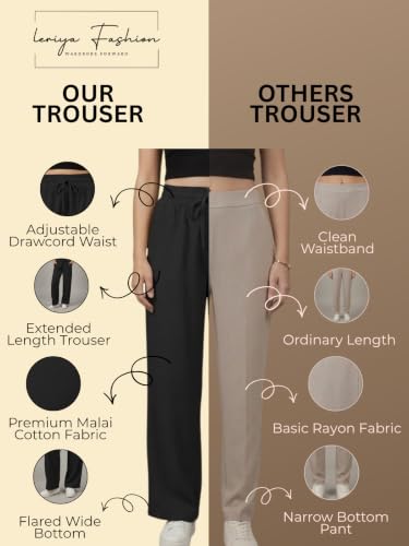 Image of Leriya Fashion Women Relaxed Fit Wide Leg Trousers | Malai Cottage Elastic Drawstring Wide Leg Pants for Women | Casual Straight Lounge Pants with Pockets | Stylish Everyday Office Outfit Bottom Pant