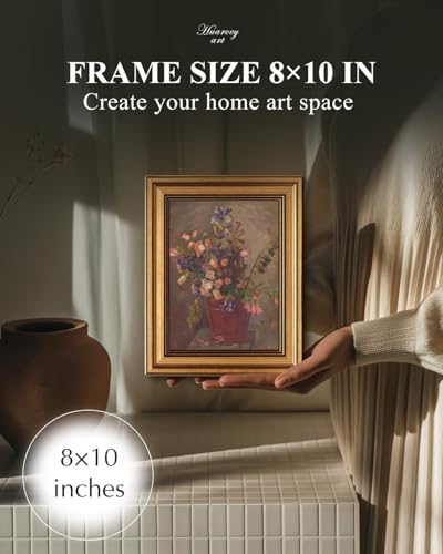 Image of HUARCEY Gold Framed Vintage Wall Art for Living Room, Flower Painting Canvas Prints Shelf Decor for Kitchen, Aesthetic Room Decor Bedroom Wall Art, Floral Artwork for Friends or Family 8 inchx10 inch