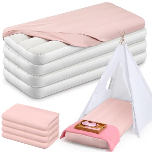 Windyun 4 Sets Kids Air Mattress Bulk with Fitted Sheet, Toddler Inflatable Bed 63 x 27 x 8 Inches Blow up Airbed Camping Sleeping Pad for Aged 3-10 Birthdays Slumber Sleepover Party (Pink)