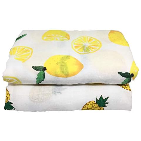 Little English Bamboo/Cotton Large Muslin Blankets for babies ultrasoft for swaddling & as a Nursing Cover, Security Blanket, light towel and More - Lemon & Pineapples - Pack of 2 - 120cm Cover
