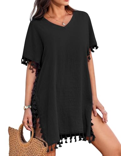 AI'MAGE Women Bathing Suit Cover Up Tassel Swimsuit Coverup Short Sleeve Beach Cover Ups Dress V Neck Beach Wear S-3XL