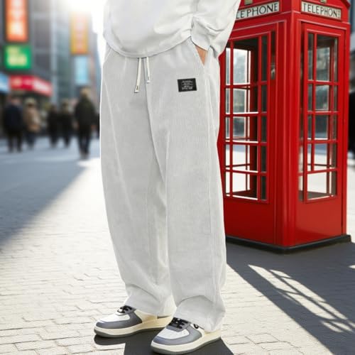 Mokaloha Mens Corduroy Pants, Men's Loose Fashion Ribbed Fabric Embroidered Logo Drawstring Trousers4