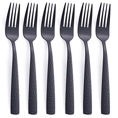 FULLYWARE Ensemble de 6 fourchettes à dîner noir mat, 20,3 cm en acier inoxydable noir fourchette à argenterie, fourchette en métal martelé, finition...
