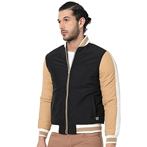 Image of Campus Sutra Men's Tan & Black Colour-Blocked Puffer Regular Fit Bomber Jacket For Winter Wear | Low-Cut Standing Collar | Full Sleeve | Zipper | Casual Jacket For Man | Western Stylish Jacket For Men