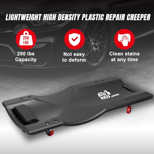 Image of Big RED Torin 36 inch Rolling Garage Creeper, Shop Creeper Blow Molded Plastic Mechanic Cart with Padded Headrest with 4 Casters, 250 LBS, Black