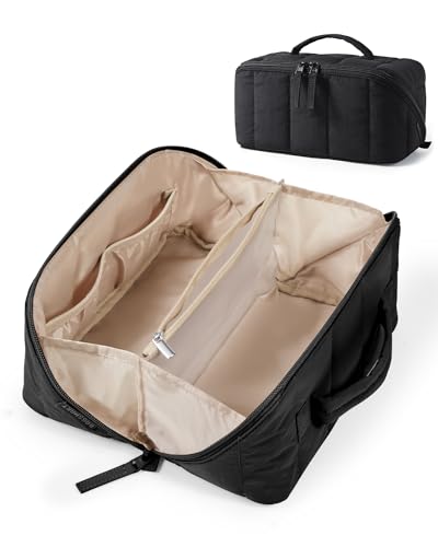 BAGSMART Travel Makeup Bag for Women, Portable Water-resistant Cosmetic Case, Puffy Padded Make Up Organizer Pouch, Open Flat Toiletry Bag for Toiletries, Brushes, Black