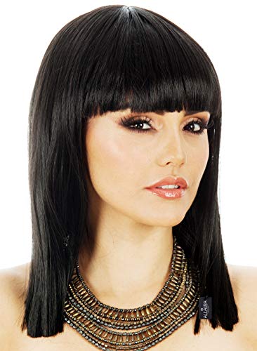 Image of ALLAURA Compatible with Black Cleopatra Wig for Women - Long Straight Bob Wig with Bangs - Egyptian Queen Costume Wig for Adults, Halloween, Ancient History Cosplay, Goddess Outfit, Party Accessory