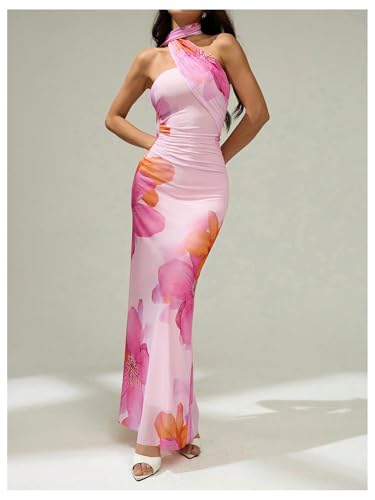Milumia Women's Halter Floral Bodycon Dress Summer Vacation Sleeveless Party Cocktail Maxi Dresses4